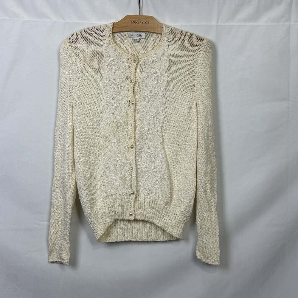 Vintage J.J. Orr Women's Ivory Pearl Beaded Lace Cardigan Sweater